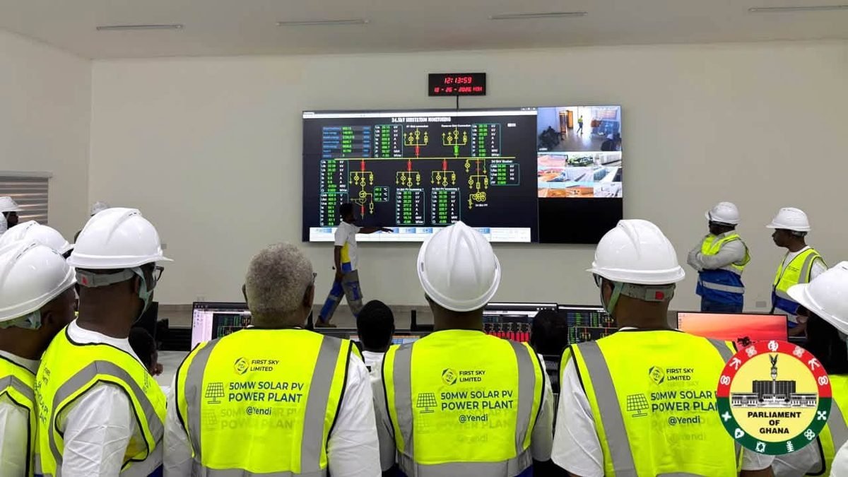Members of Parliament's Energy and Mines Committee in the control room of the 50MW Yendi solar plant